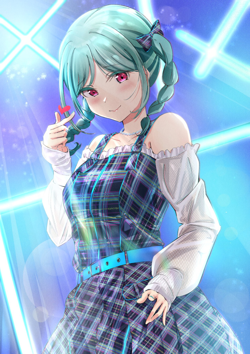 1girl, arm_warmers, bare_shoulders, belt, blue_background, blue_belt, blush, bow