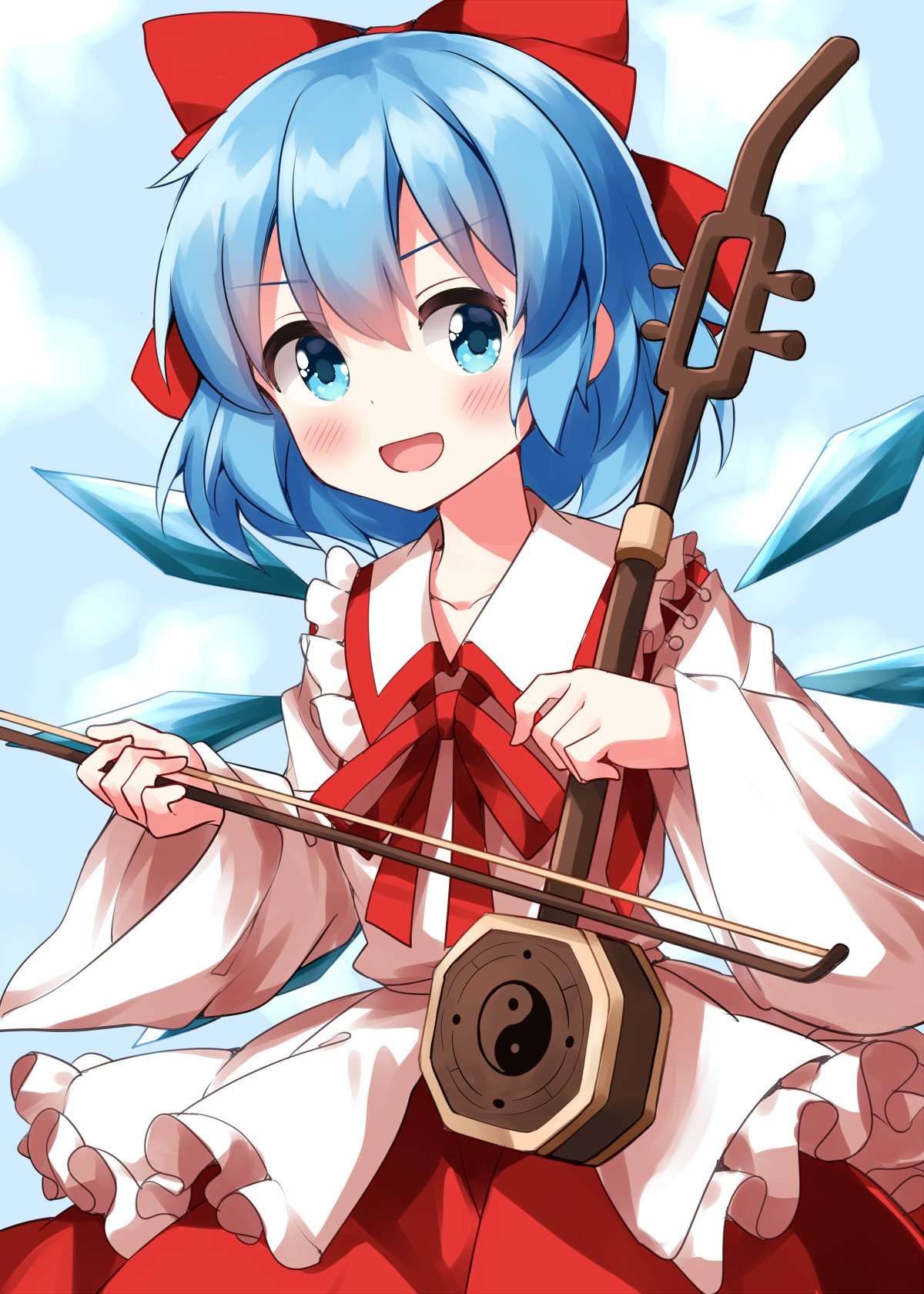 1girl, aqua_eyes, blue_hair, blush, bow, bow_(music), cirno, collarbone