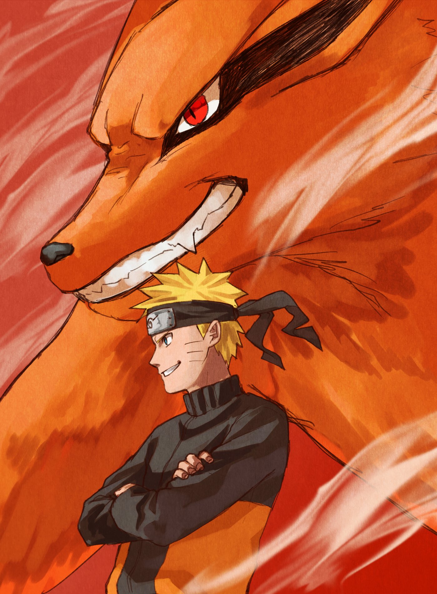 2boys, black_jacket, blonde_hair, blue_eyes, crossed_arms, facial_mark, forehead_protector, grin