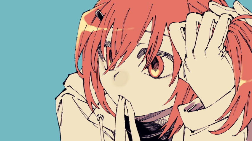 1girl, a.i._voice, adachi_rei, blue_background, close-up, commentary_request, drawstring, gloves, hair_ornament, hairclip, hands_up, highres, jacket, long_sleeves, looking_to_the_side, medium_hair, mouth_hold, one_side_up, open_clothes, open_jacket, orange_eyes, orange_hair, ribbon, ribbon_in_mouth, simple_background, solo, tere_douga, tying_hair, utau, white_gloves, white_jacket