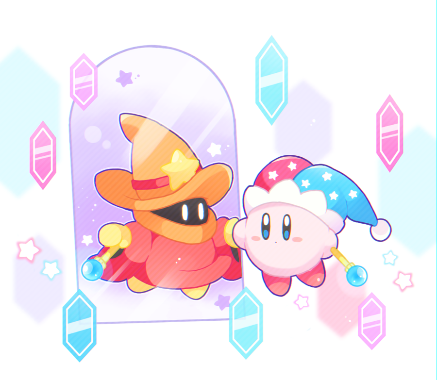 :o, blue_eyes, blue_hat, blush_stickers, commentary_request, copy_ability, covered_mouth, gloves