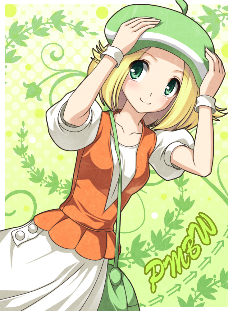 bel_(pokemon), bell_(pokemon), blonde_hair, blush, dress, fujimiya_yuu, green_eyes, hand_on_hat
