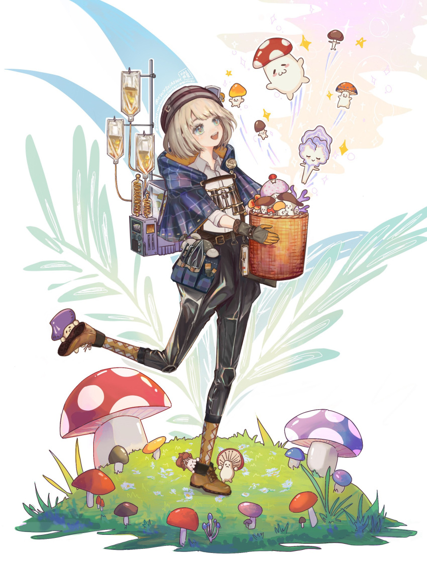 1boy, :d, absurdres, artist_name, basket, binoculars, bishounen, black_pants