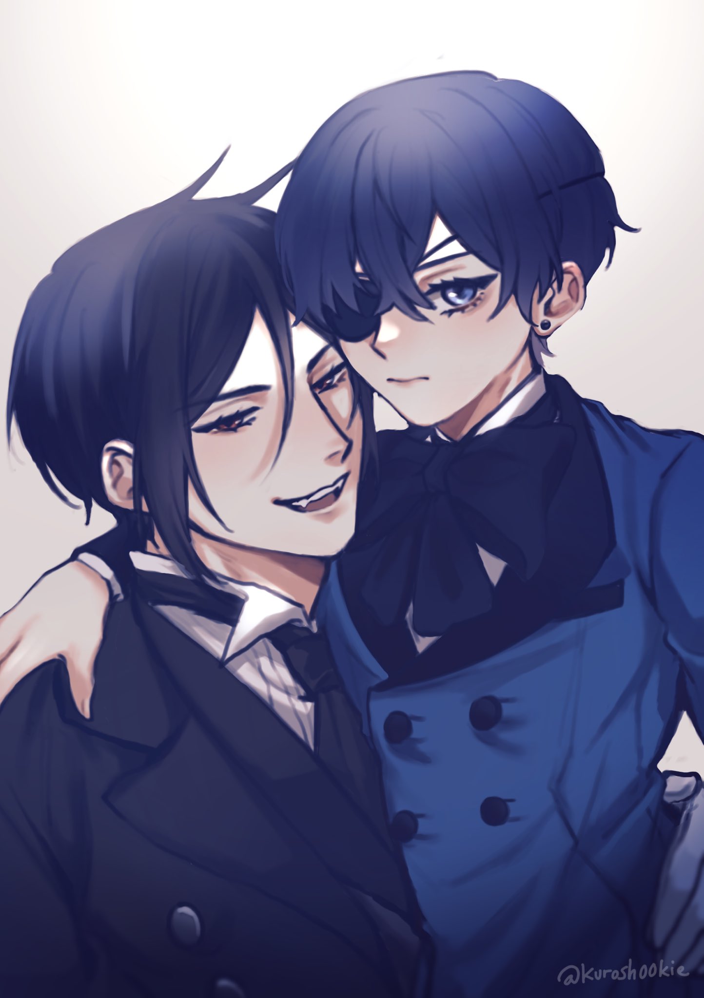2boys, bishounen, black_bow, black_hair, black_suit, blue_hair, blue_vest, bow