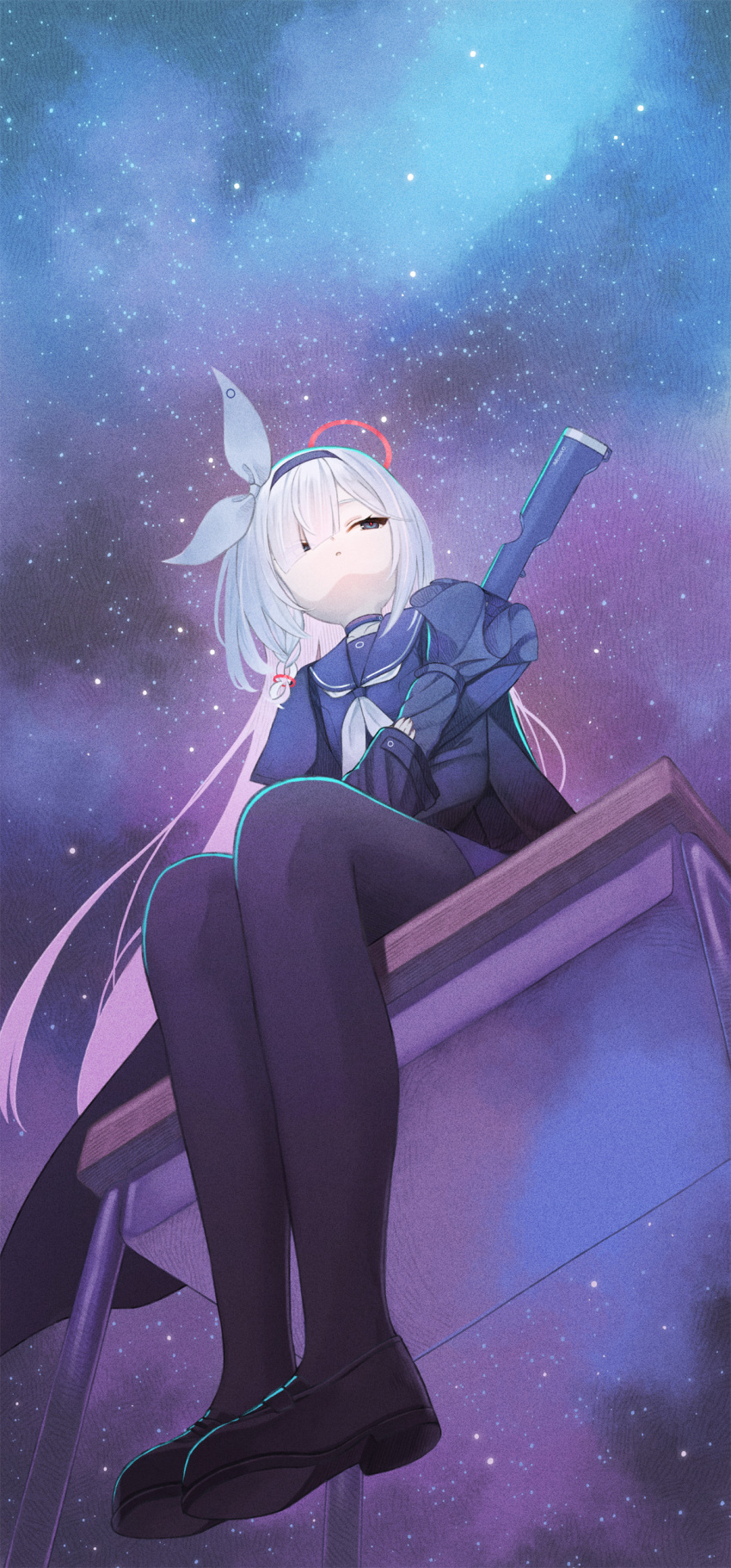 1girl, absurdres, black_choker, black_eyes, black_hairband, black_pantyhose, black_sailor_collar, blue_archive