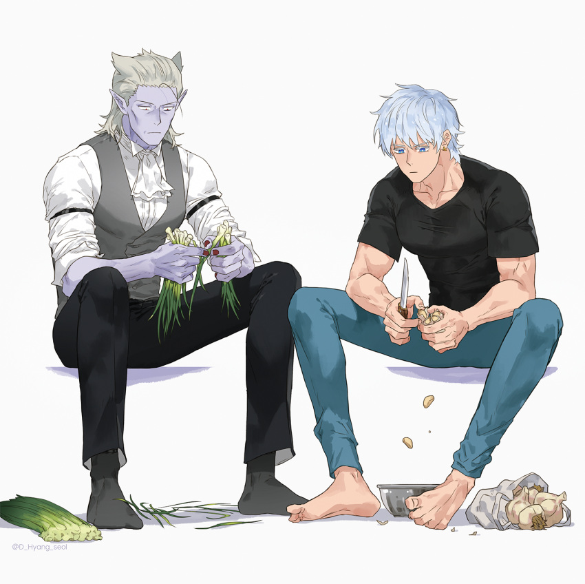 2boys, ascot, bag, barefoot, black_pants, black_shirt, blue_eyes, blue_pants, closed_mouth, collarbone, colored_skin, draus_(kyuuketsuki_sugu_shinu), garlic, grey_hair, grey_vest, highres, holding, holding_knife, invisible_chair, knife, kyuuketsuki_sugu_shinu, leeis_cool, male_focus, multiple_boys, pants, peeling, plastic_bag, pointy_ears, purple_skin, red_nails, ronaldo_(kyuuketsuki_sugu_shinu), shirt, short_hair, sitting, spread_legs, spring_onion, t-shirt, toenails, vest, white_ascot, white_hair