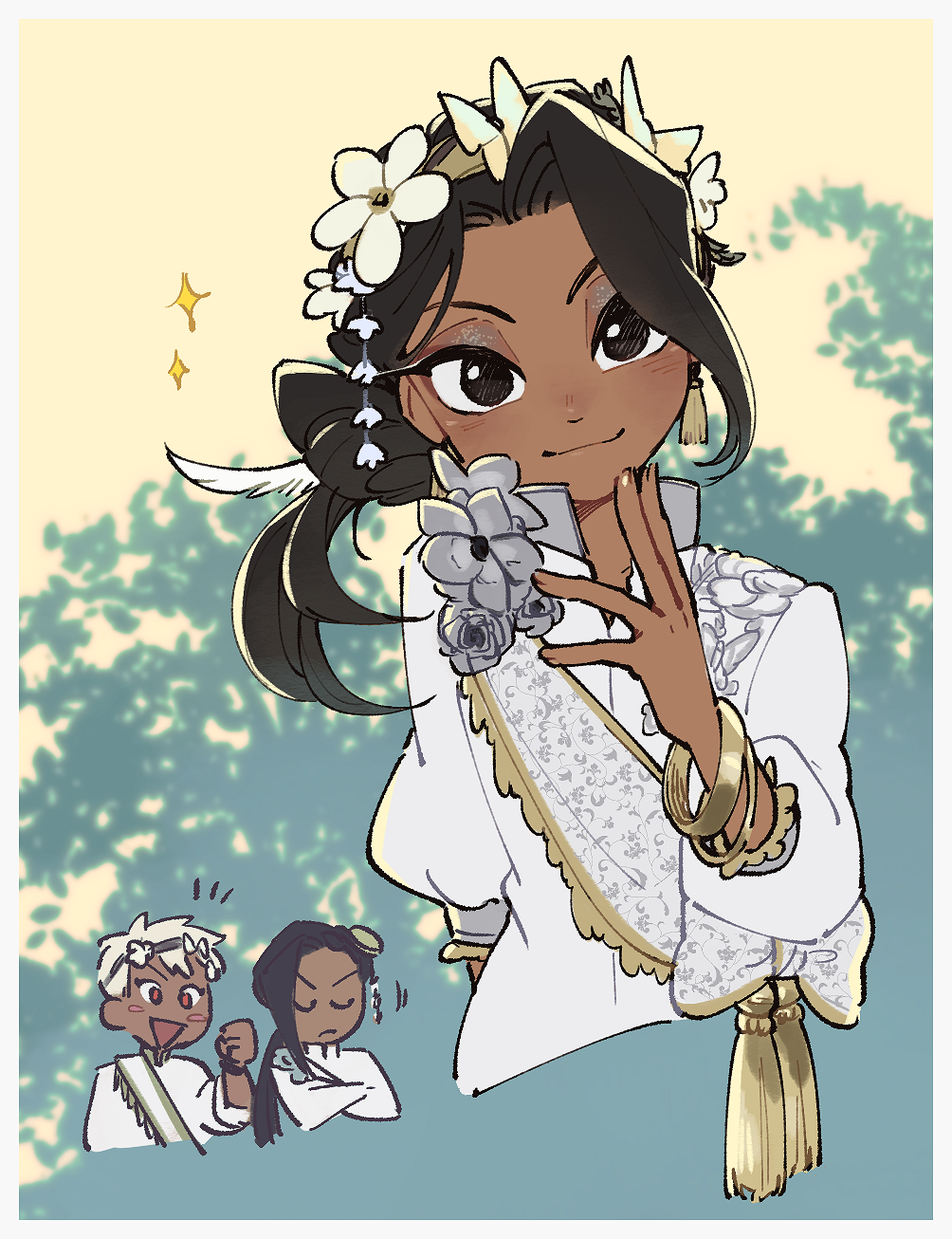 1girl, 2boys, black_eyes, black_hair, border, bracelet, cropped_torso, dark-skinned_female