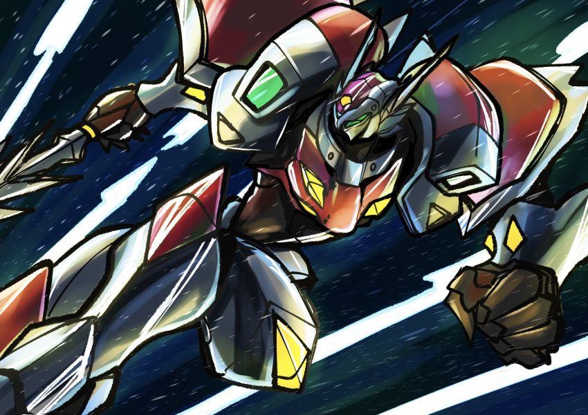 1990s_(style), armor, highres, hirudoido, holding, holding_weapon, lance, mecha