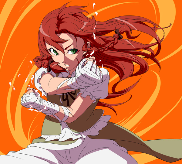 anime_coloring, bandages, braid, clenched_hands, ex-meiling, fist, green_eyes, guntank_(artist)