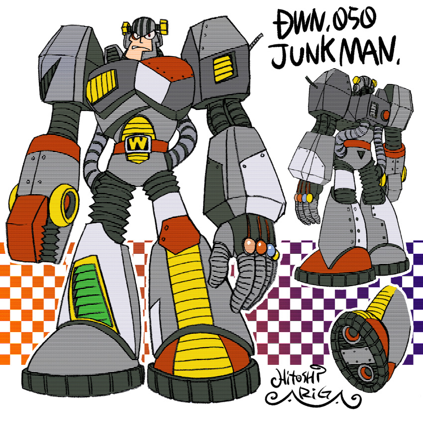 >:(, 1boy, android, ariga_hitoshi, armor, artist_name, asymmetrical_footwear, belt, blue_gemstone, boots, broken_helmet, brown_belt, character_name, checkered_background, closed_mouth, colored_shoe_soles, commentary_request, concept_art, from_behind, full_body, gem, gradient_background, grey_armor, helmet, highres, industrial_pipe, joints, junk_man, knee_boots, looking_ahead, looking_at_viewer, male_focus, mega_man_(classic), mega_man_(series), mega_man_7, mega_man_megamix, mismatched_footwear, multiple_views, no_humans, object_through_head, orange_background, pink_gemstone, pliers, purple_background, red_eyes, red_gemstone, reference_sheet, robot, robot_ears, robot_joints, scanlines, screw, screw_in_head, shoe_soles, signature, simple_background, standing, straight-on, teeth, turnaround, uneven_eyes, uneven_footwear, v-shaped_eyebrows, weapon, white_background, yellow_gemstone