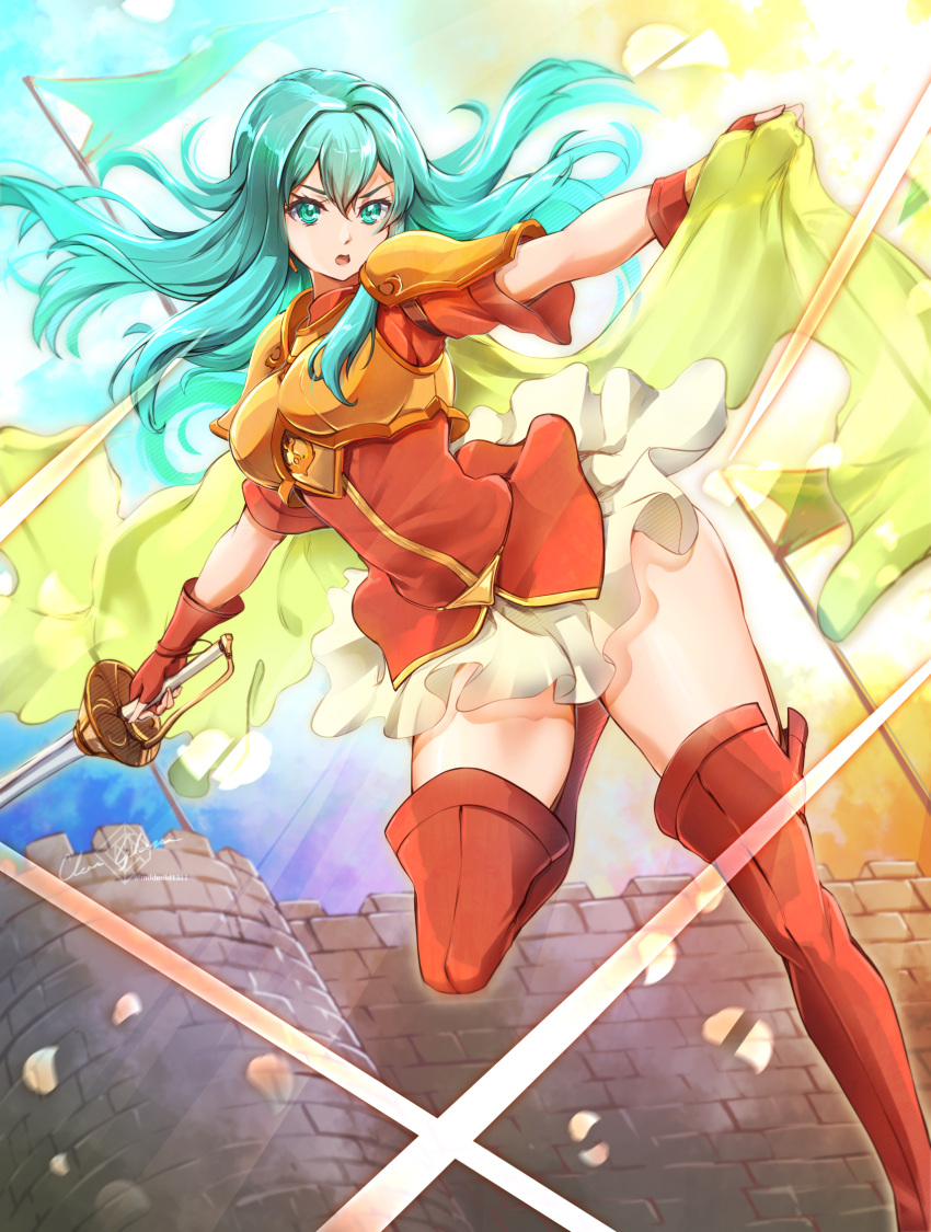 1girl, aqua_hair, armor, blue_eyes, blue_hair, breastplate, cape, clear_glass_(mildmild1311)