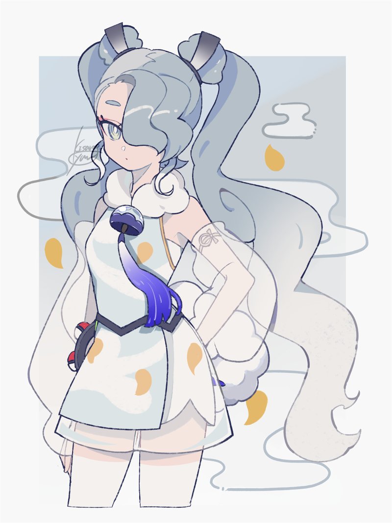 1girl, closed_mouth, cropped_legs, dress, flying_miku_(project_voltage), grey_eyes, grey_hair, hair_over_one_eye