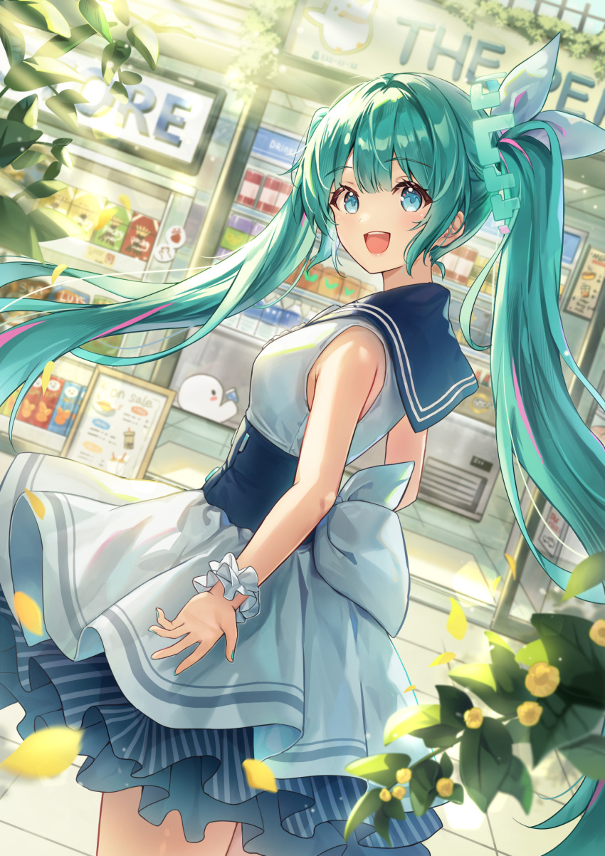 1girl, :d, aqua_hair, blue_eyes, blue_sailor_collar, bow, day, dress
