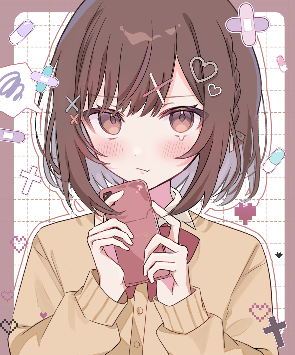 1girl, :t, blush, border, bow, bowtie, braid, brown_border