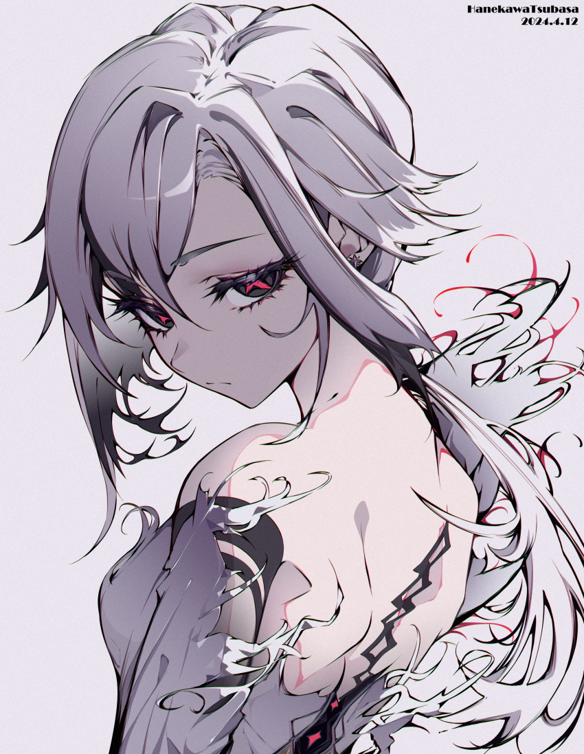 1girl, 2024, absurdres, arlecchino_(genshin_impact), black_eyes, closed_mouth, dated, dress