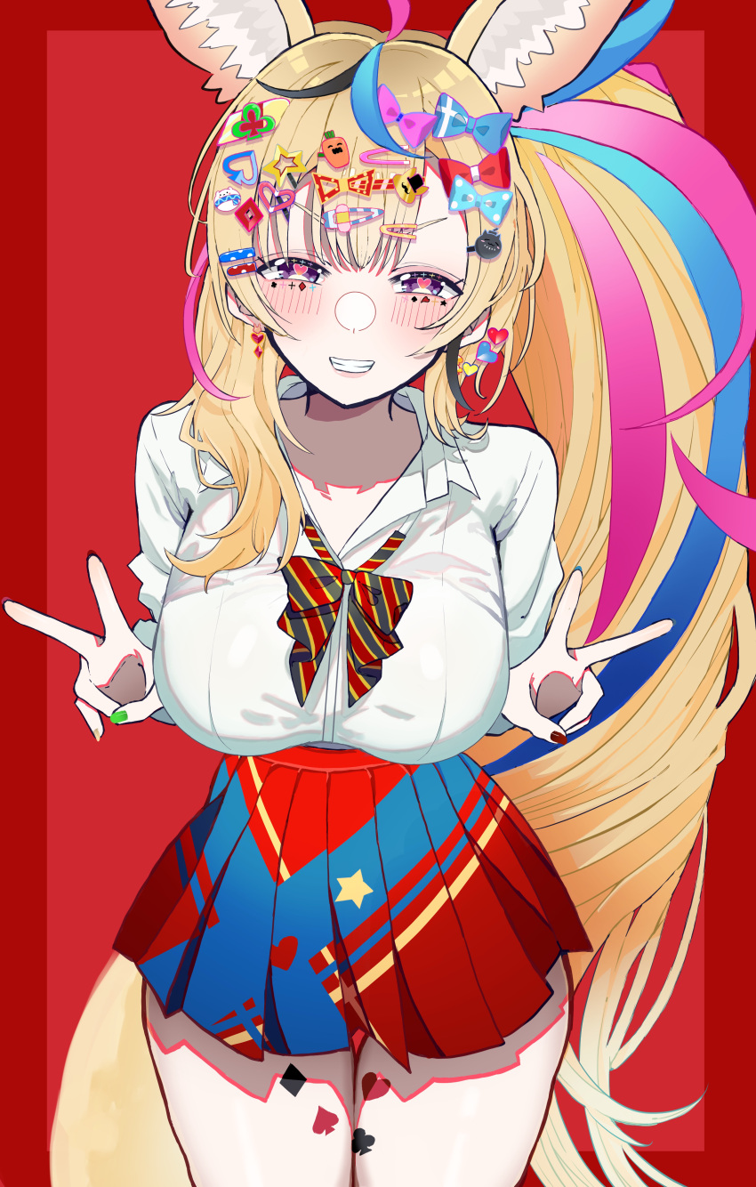 1girl, absurdres, ahoge, animal_ears, blonde_hair, blush, bow, bowtie, boxterebityan3, breasts, club_hair_ornament, decora, diagonal-striped_bow, diagonal-striped_bowtie, diagonal-striped_clothes, double_v, fox_ears, fox_girl, fox_tail, gyaru, hair_bow, hair_ornament, hairpin, hands_up, heart, heart-shaped_pupils, highres, hololive, large_breasts, long_hair, looking_at_viewer, multicolored_bowtie, multicolored_hair, multicolored_nails, multiple_hair_bows, multiple_hairpins, nail_art, official_alternate_costume, official_alternate_hair_length, official_alternate_hairstyle, omaru_polka, omaru_polka_(school_uniform), pink_hair, plaid, plaid_skirt, playing_card_theme, red_background, shirt, skirt, smile, solo, streaked_hair, striped_clothes, symbol-shaped_pupils, tail, too_many_hairclips, v, violet_eyes, virtual_youtuber