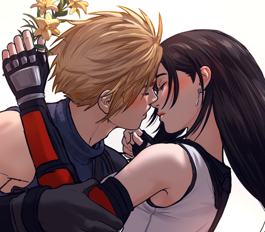 1boy, 1girl, armor, bare_shoulders, black_gloves, black_hair, black_sports_bra, blonde_hair, blue_sweater, blush, close-up, closed_eyes, closed_mouth, cloud_strife, couple, crop_top, earrings, english_commentary, facing_another, final_fantasy, final_fantasy_vii, final_fantasy_vii_rebirth, final_fantasy_vii_remake, fingerless_gloves, flower, from_side, gloves, hand_on_another's_chin, highres, holding, holding_another's_arm, holding_flower, imminent_kiss, jewelry, long_hair, nosleeparewe, parted_lips, profile, short_hair, shoulder_armor, single_arm_guard, single_bare_shoulder, single_earring, sleeveless, sleeveless_turtleneck, spiky_hair, sports_bra, suspenders, sweater, tank_top, tifa_lockhart, turtleneck, turtleneck_sweater, upper_body, white_background, white_tank_top, yellow_flower