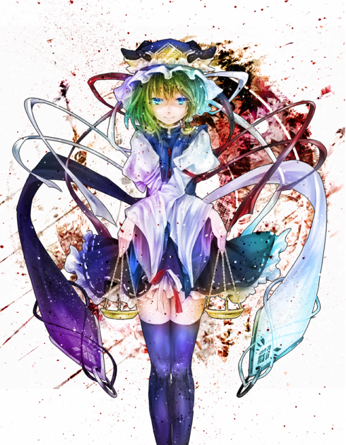 blue_eyes, green_hair, hat, scale, shikieiki_yamaxanadu, silentdin, smile, solo