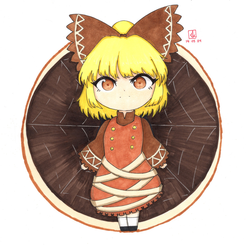 1girl, absurdres, blonde_hair, bow, brown_dress, brown_eyes, chibi, closed_mouth