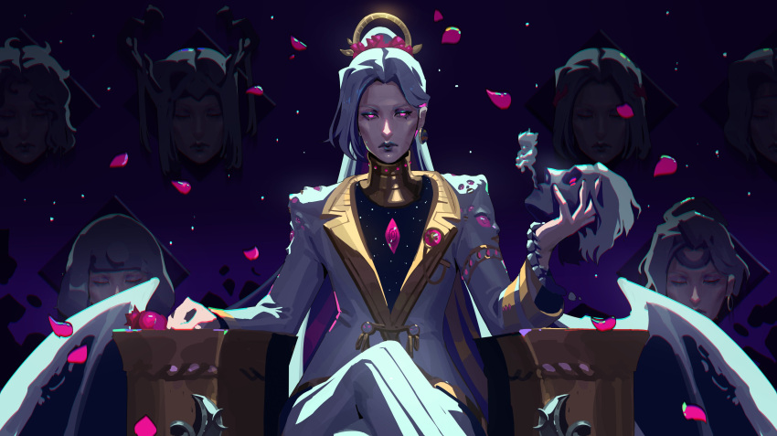 1other, absurdres, androgynous, bat_wings, chaos_(hades), character_request, crossed_legs, earrings