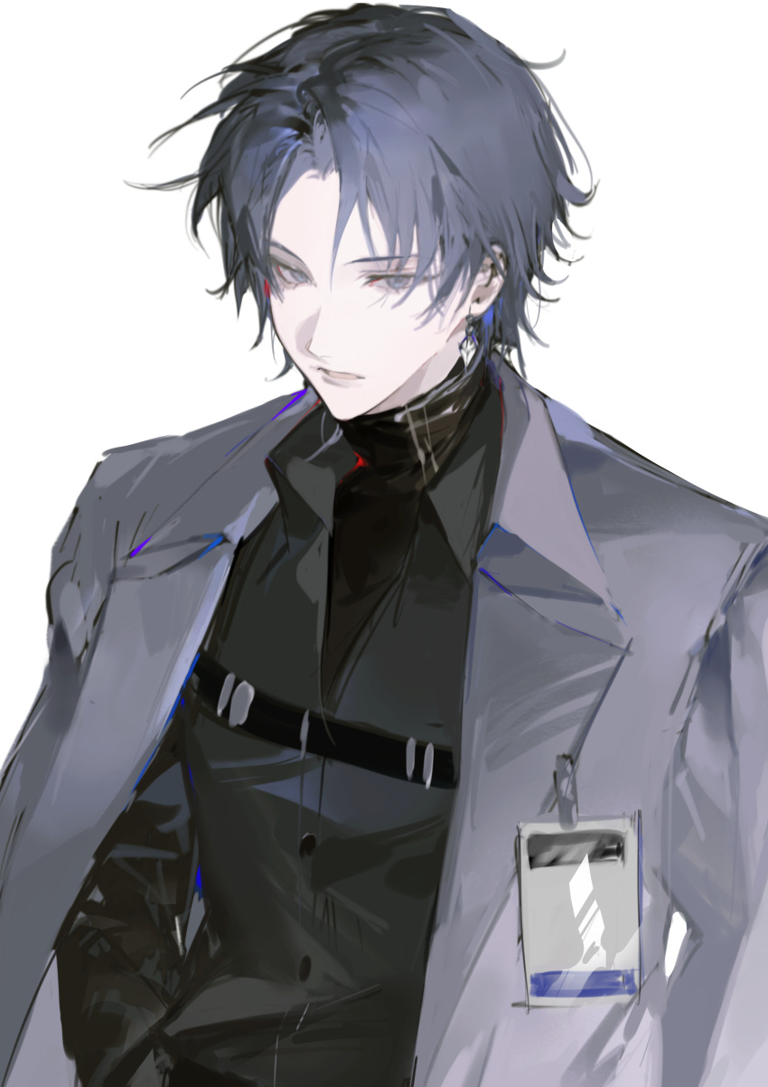1boy, absurdres, belt, black_belt, black_hair, black_undershirt, blue_eyes, buttons