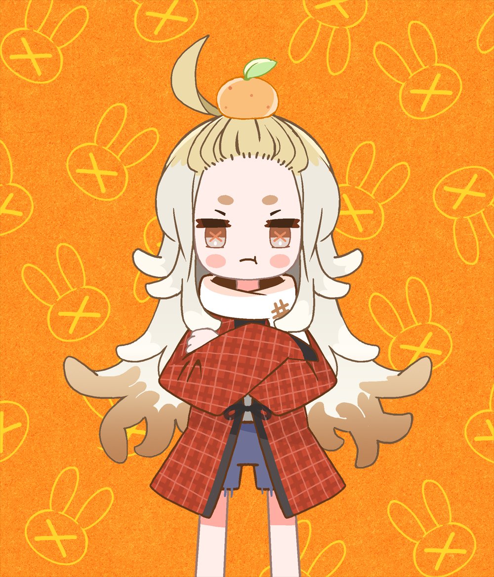 1girl, :t, ahoge, bangs_pinned_back, blonde_hair, blue_shorts, blush_stickers, brown_hair