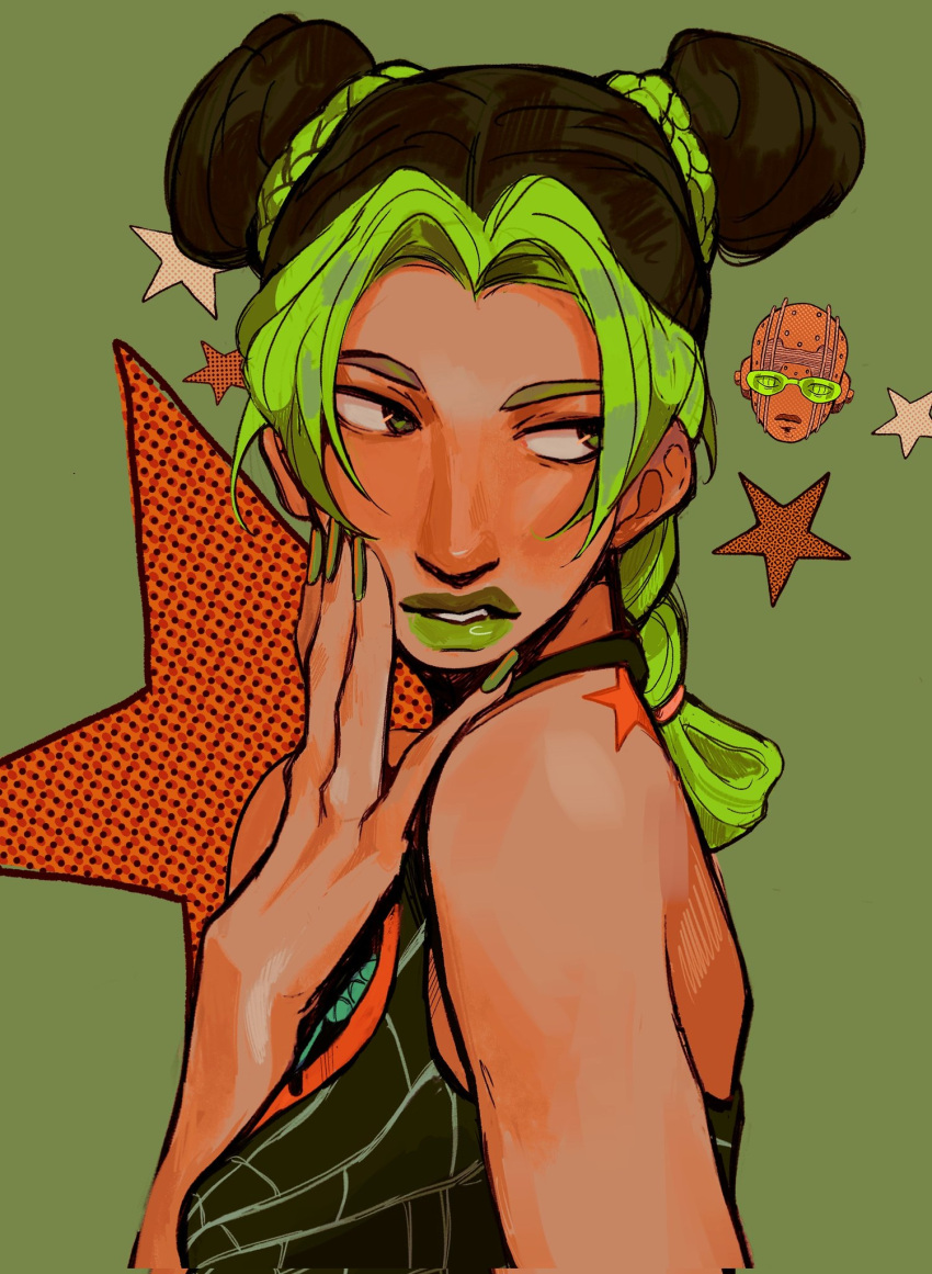 1girl, black_hair, braid, breasts, character_request, double_bun, green_background, green_eyes, green_hair, green_lips, hair_bun, highres, jojo_no_kimyou_na_bouken, kujo_jolyne, lipstick, looking_to_the_side, makeup, multicolored_hair, solo, spider_web_print, star_(symbol), two-tone_hair, yissopiart
