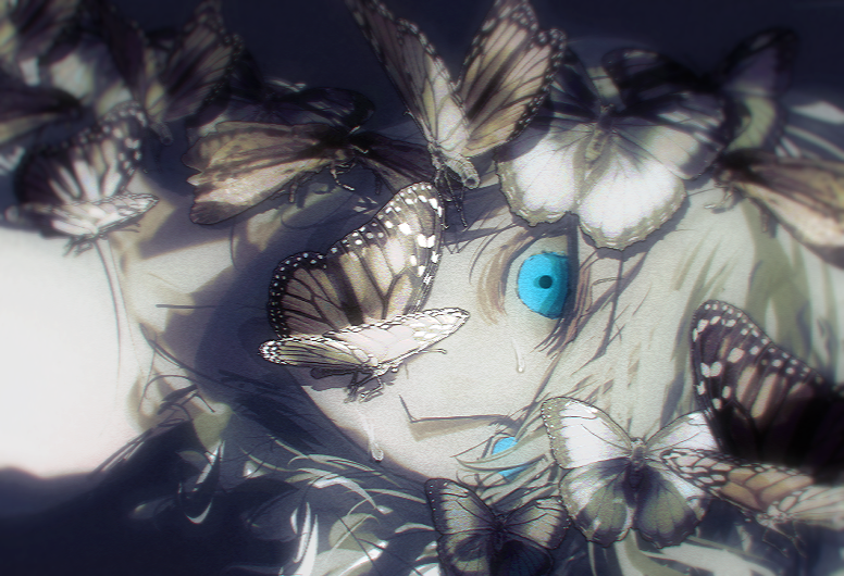 1boy, adeuce, bare_shoulders, black_background, blonde_hair, blue_eyes, bug, butterfly, butterfly_on_head, butterfly_on_mouth, butterfly_on_neck, fate/grand_order, fate_(series), hair_spread_out, long_hair, looking_at_viewer, lying, male_focus, monarch_butterfly, oberon_(fate), on_back, solo, sweat, upper_body