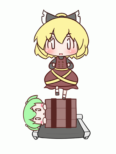 :<, :d, animated, animated_gif, blonde_hair, blush, blush_stickers, bow, bucket, chibi, gif, girl_in_bucket, green_hair, hair_bow, in_bucket, in_container, kisume, kurodani_yamame, maitora, open_mouth, running, short_hair, smile, spinning, touhou, treadmill, twintails