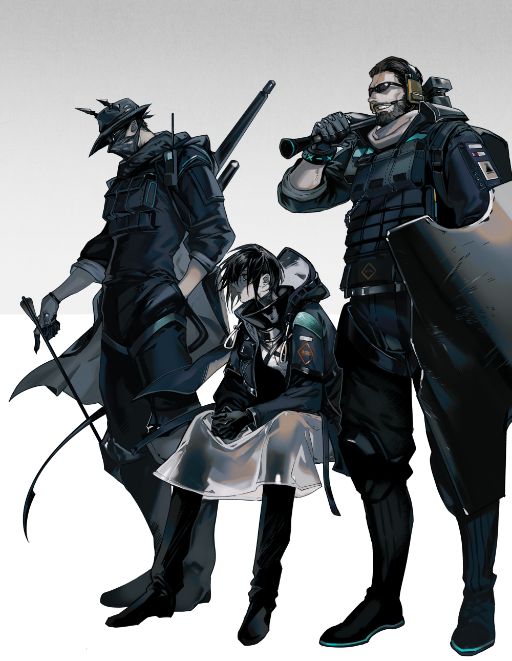 3boys, ace_(arknights), air_gun, ammunition_pouch, arknights, arrow_(projectile), beard, black_gloves