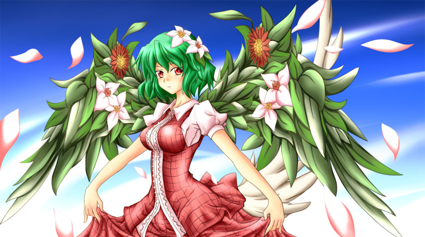 elle_(lom), flower, green_hair, hair_flower, hair_ornament, impossible_clothes, impossible_shirt, impossible_vest, kazami_yuuka, kumapan, leaf, legend_of_mana, petals, plaid, plaid_skirt, plaid_vest, red_eyes, seiken_densetsu, shirt, skirt, skirt_set, tartan, touhou, wings