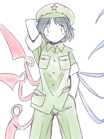 1girl, asymmetrical_wings, black_hair, cultural_revolution, houjuu_nue, lowres, mao_cap, rangycrow