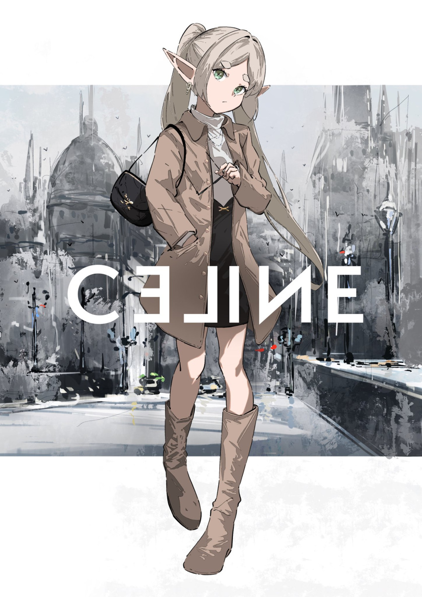1girl, alternate_costume, bag, black_bag, black_dress, boots, brown_footwear, brown_jacket, celine_(brand), contemporary, dangle_earrings, dress, earrings, fashion, frieren, full_body, green_eyes, hand_up, hashtag-only_commentary, high_collar, highres, jacket, jewelry, long_hair, long_sleeves, looking_at_viewer, parted_bangs, pointy_ears, product_placement, shoulder_bag, solo, sousou_no_frieren, strap_pull, t.k.c, twintails, white_background, white_hair