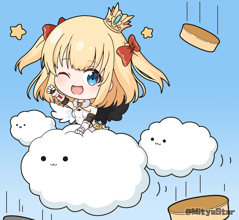 1girl, :3, ;d, asymmetrical_wings, bare_shoulders, black_wings, blonde_hair, blue_background