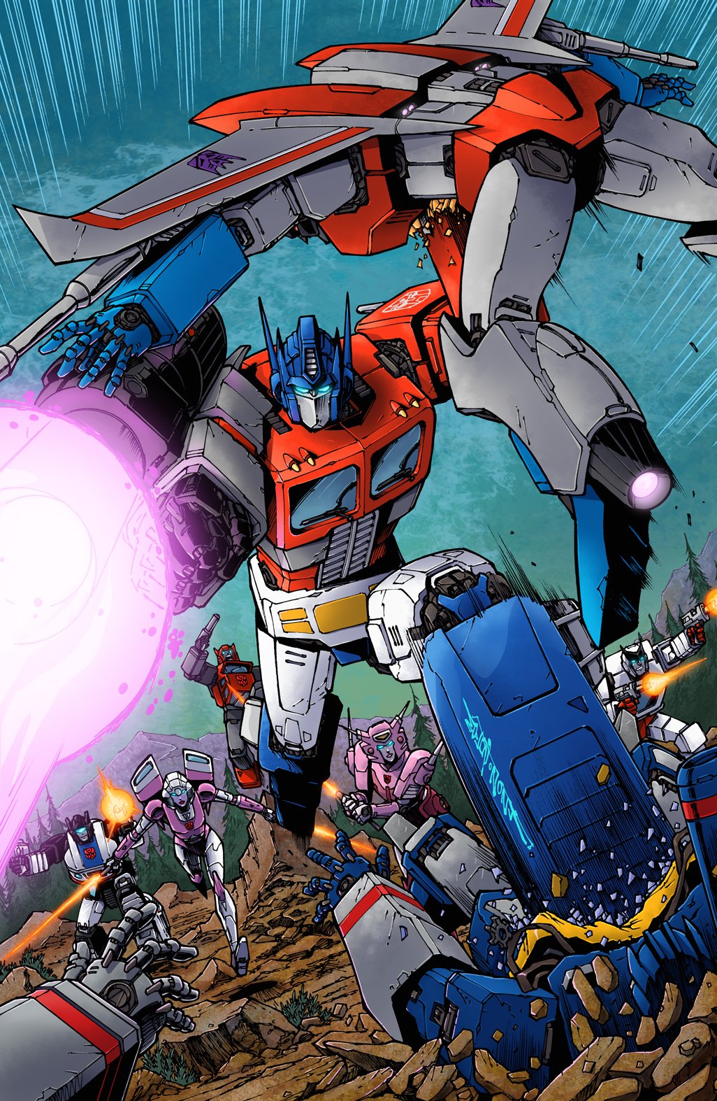 2girls, 5boys, alex_milne, arcee, arm_cannon, autobot, blue_eyes, decepticon