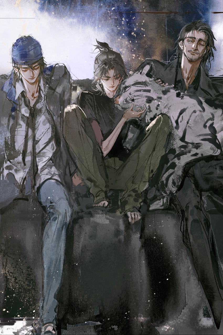3boys, absurdres, animal_on_lap, bandana, bare_arms, barefoot, beard_stubble, black_footwear, black_hair, black_jacket, black_necktie, black_pants, black_sclera, black_shirt, blazer, blue_bandana, blue_pants, bright_pupils, brown_hair, character_request, closed_mouth, coattails, collared_jacket, collared_shirt, colored_sclera, copyright_request, couch, crossed_legs, denim, epaulettes, facial_hair, feet_out_of_frame, fingernails, full_body, green_pants, grey_jacket, grey_sleeves, hair_between_eyes, highres, indoors, jacket, jeans, kcllzas163, lapels, looking_at_another, male_focus, multiple_boys, mustache, necktie, on_couch, on_lap, one_eye_closed, open_clothes, open_jacket, pants, parted_bangs, parted_lips, petting, sandals, shirt, short_hair, short_ponytail, short_sleeves, sitting, stubble, t-shirt, thick_eyebrows, tiger, tile_wall, tiles, toenails, toes, white_pupils, white_shirt, white_tiger