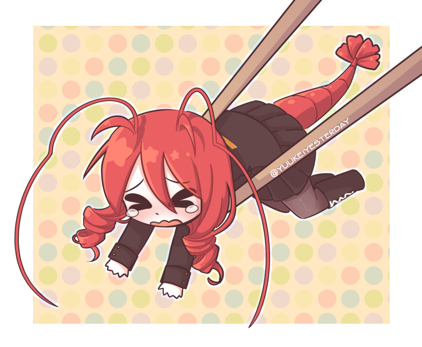 >_<, 1girl, antennae, black_footwear, black_jacket, black_pantyhose, black_skirt, blush, boots, border, buttons, chopsticks, colored_skin, drill_hair, english_commentary, funamusea, hair_between_eyes, highres, jacket, lobco_(funamusea), lobster_girl, lobster_tail, long_hair, mini_person, minigirl, oounabara_to_wadanohara, open_mouth, outline, pantyhose, patterned_background, pleated_skirt, redhead, redscarfy, skirt, solo, tears, twin_drills, twitter_username, wavy_mouth, white_border, white_outline, white_skin, yellow_background