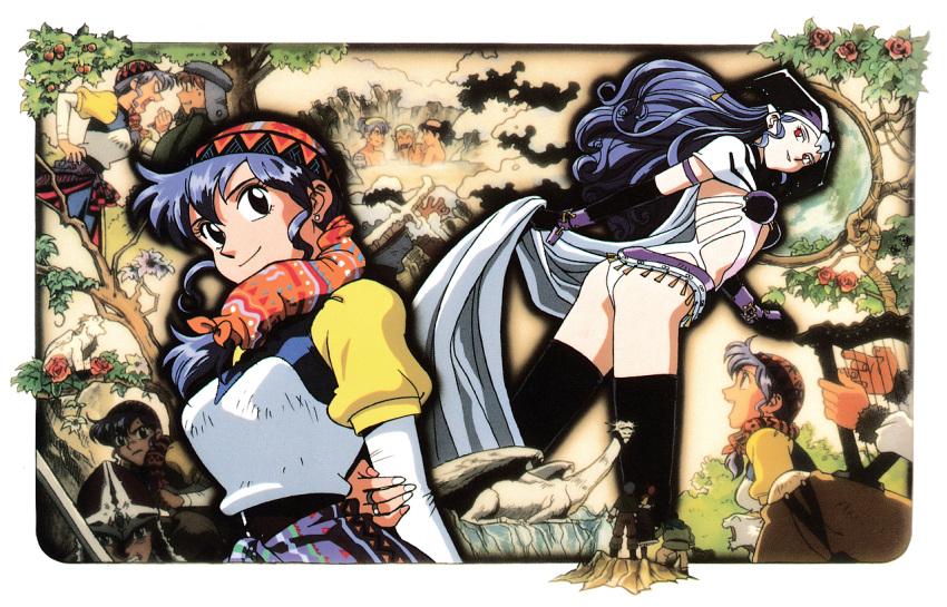 1990s_(style), 1boy, 4girls, alex_noah, althena, angry, black_thighhighs, blue_hair