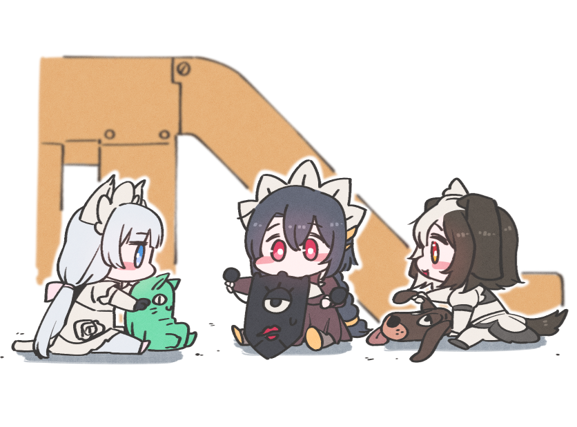 3girls, aged_down, animal_ears, black_hair, black_wyrm_(last_origin), blue_eyes, blush_stickers, braid