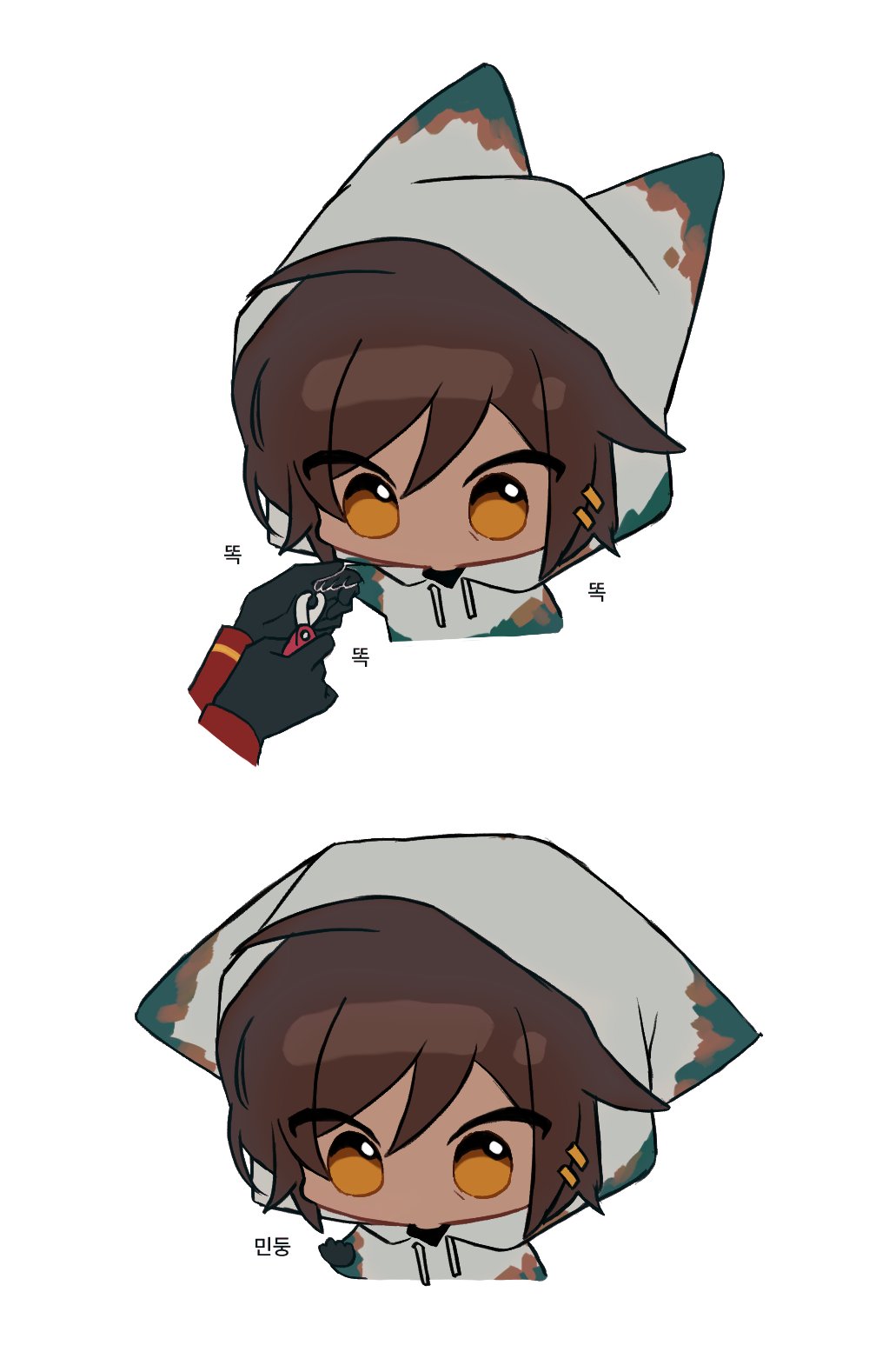 1girl, 1other, animal_ears, black_gloves, brown_eyes, brown_hair, chibi, claws