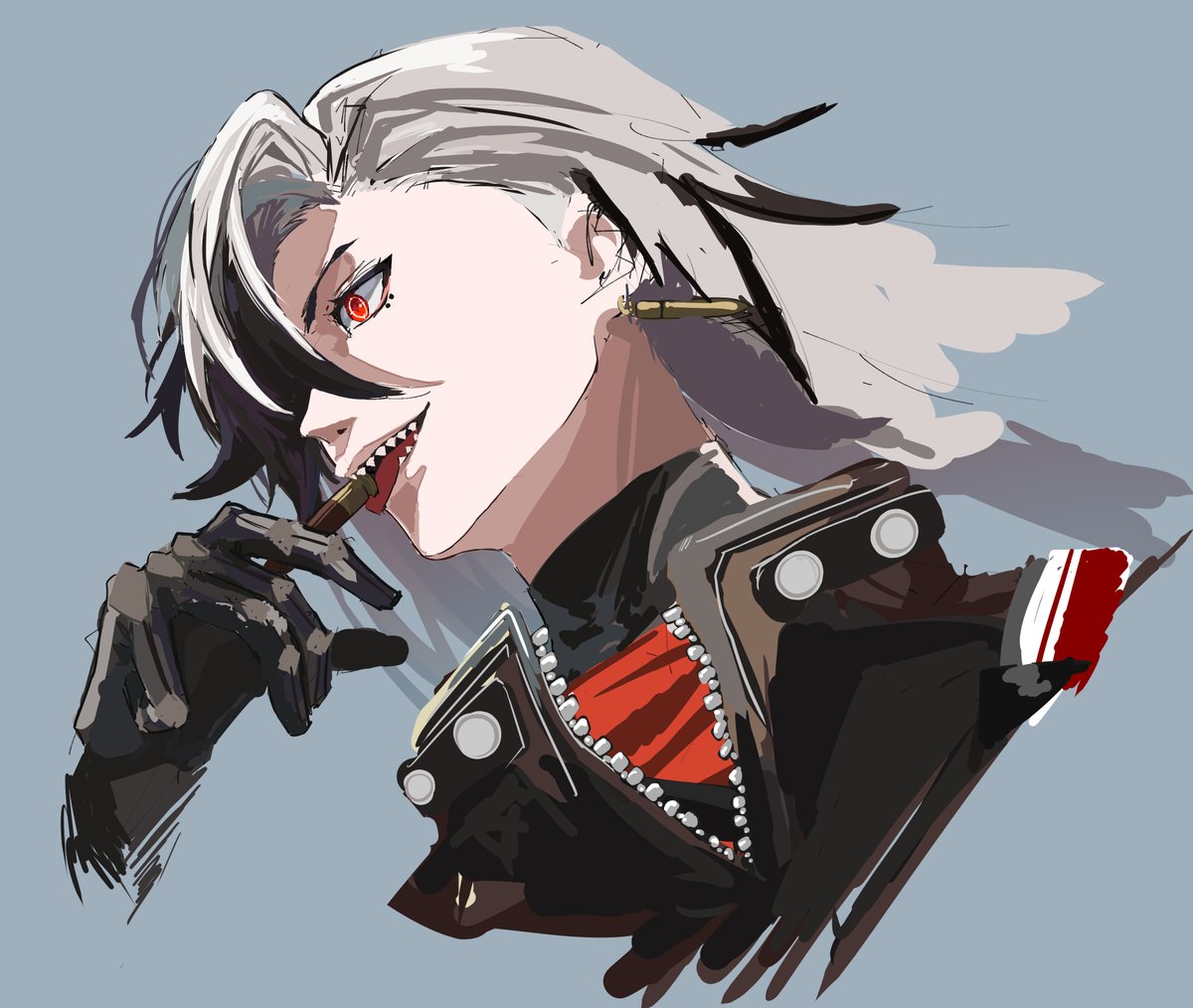 1boy, black_hair, black_jacket, boothill_(honkai:_star_rail), bright_pupils, bullet_earrings, bullet_in_mouth, commentary_request