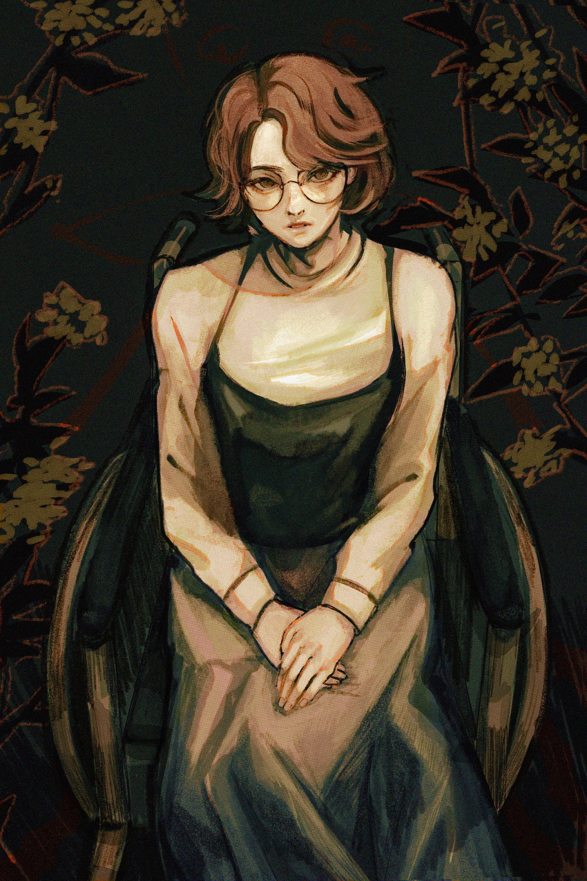 1girl, absurdres, brown_hair, dress, fear_&amp;_hunger, fear_&amp;_hunger_2:_termina, feet_out_of_frame, glasses
