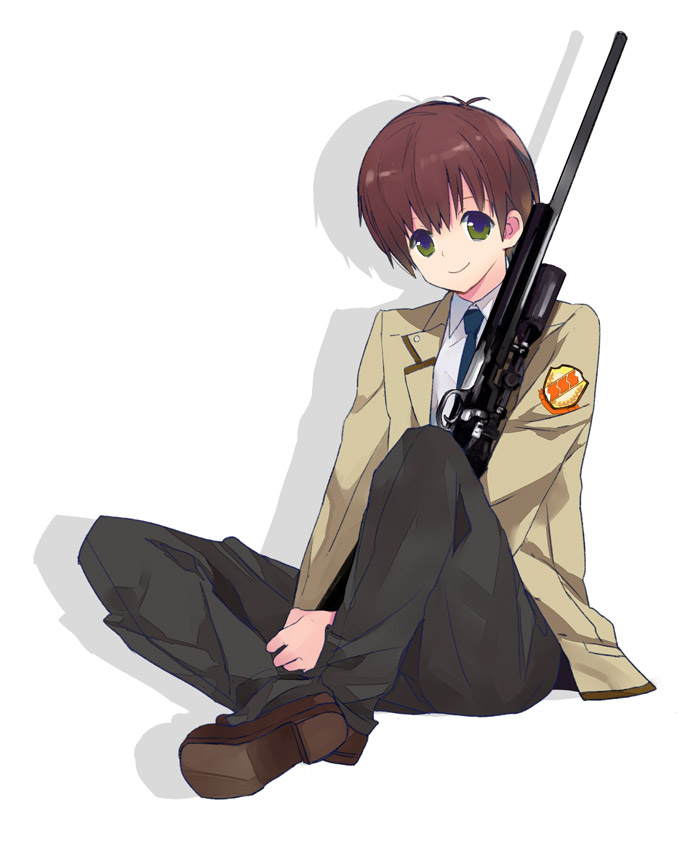 brown_hair, green_eyes, gun, iwashi_(morpho000), ooyama_(angel_beats!), rifle, school_uniform, scope, short_hair, weapon