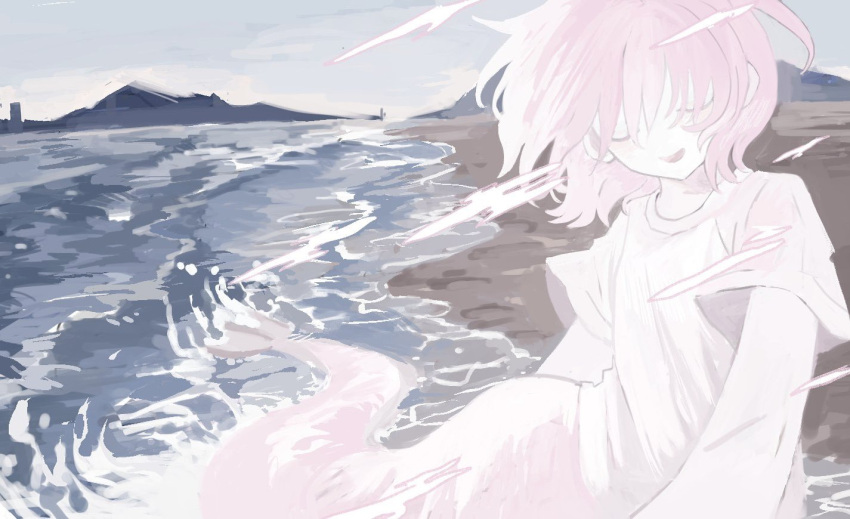 1girl, beach, closed_eyes, commentary_request, facing_viewer, floating_hair, foreshortening, full_body
