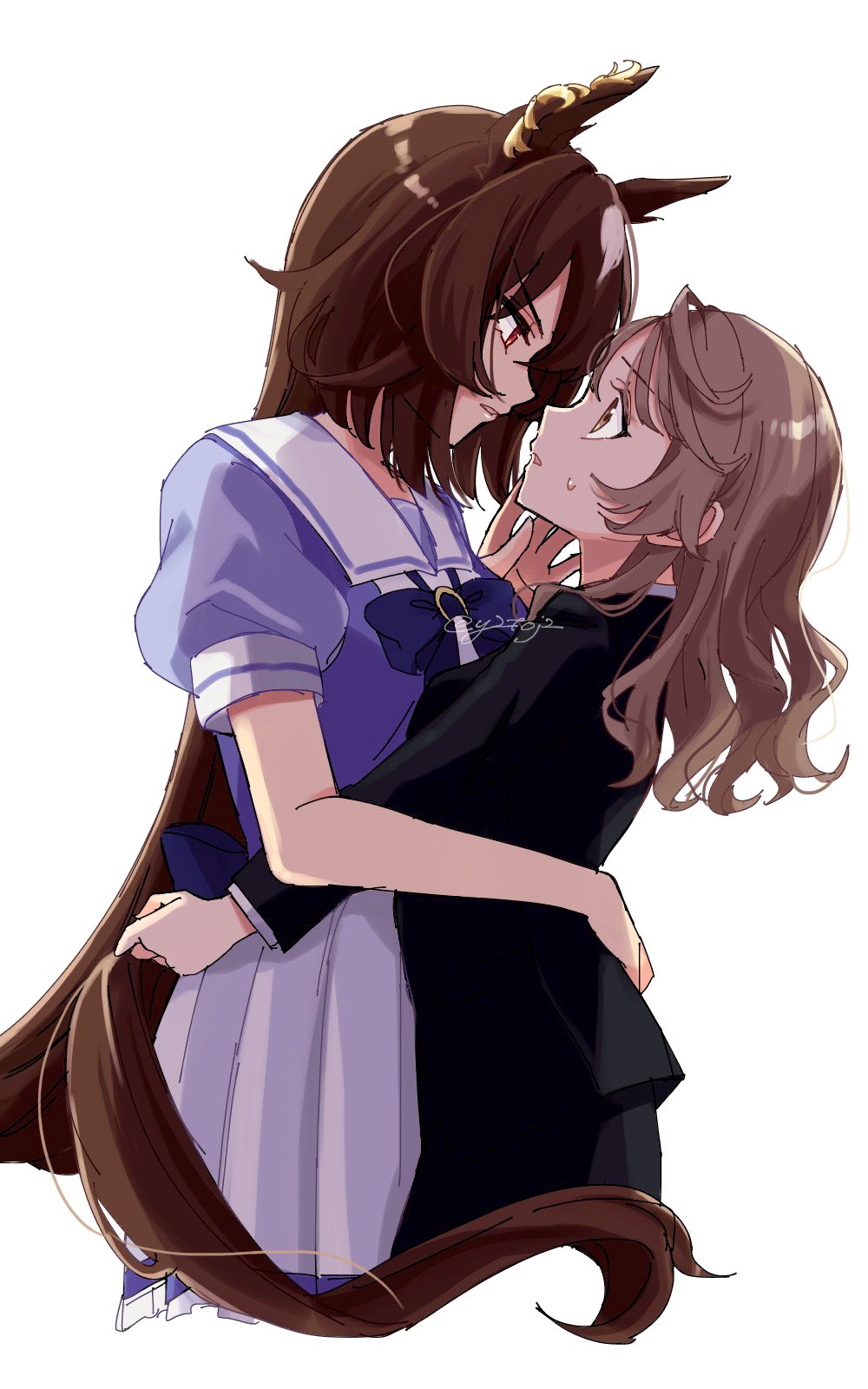 2girls, animal_ears, black_jacket, black_pants, bow, bowtie, brown_eyes, brown_hair
