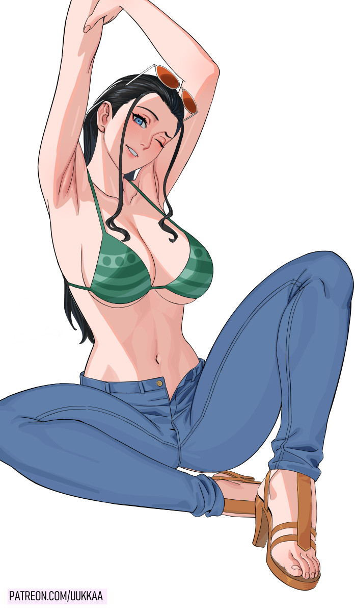 1girl, armpits, arms_up, bikini, bikini_top_only, black_hair, blue_eyes, breasts