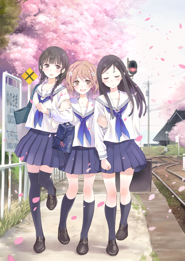 arm_holding, black_hair, braid, brown_hair, cherry_blossoms, friends, hair_ornament, hanasaku_iroha