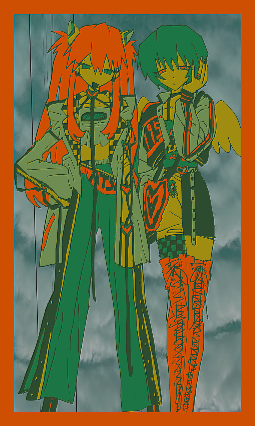 2girls, :o, absurdres, alternate_costume, angel_wings, ayanami_rei, bag, belt