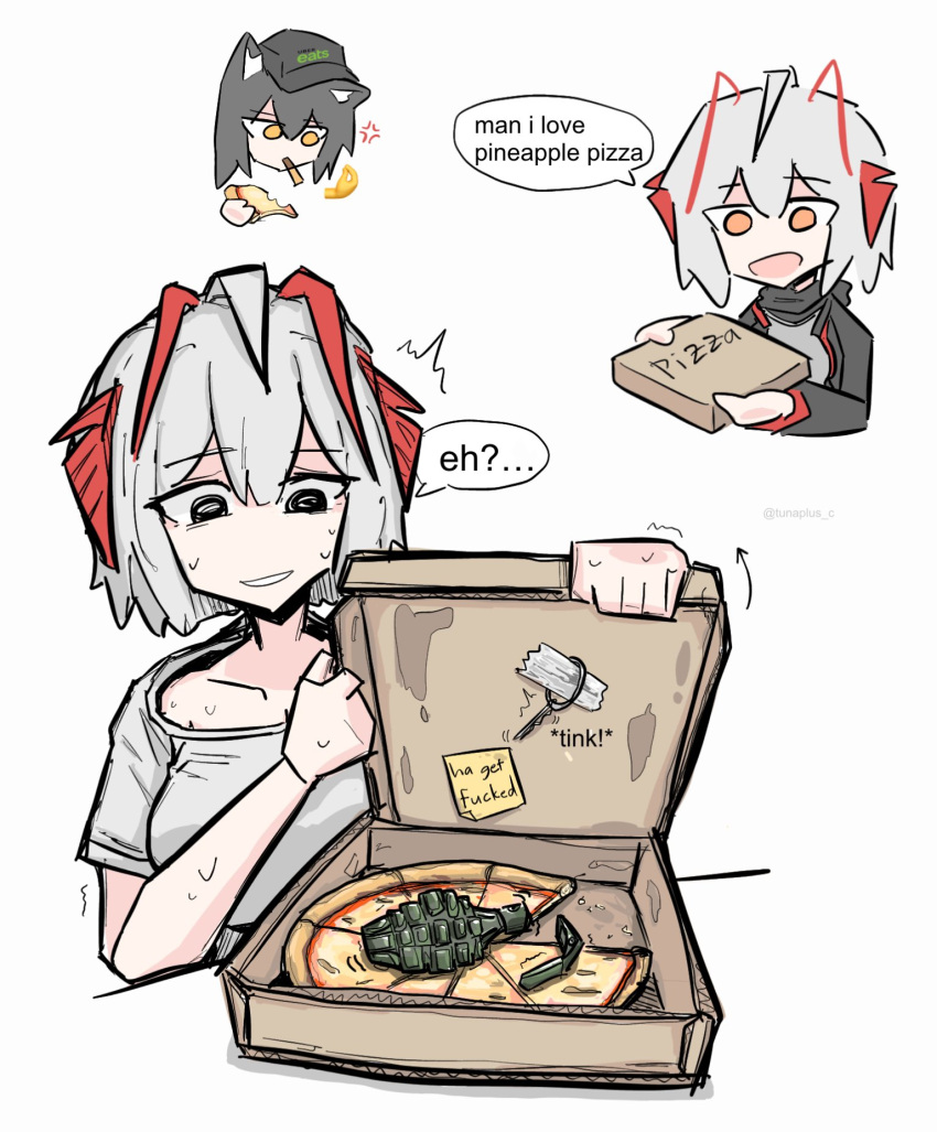 2girls, ahoge, arknights, booby_trap, character_request, commentary, cropped_torso, english_commentary