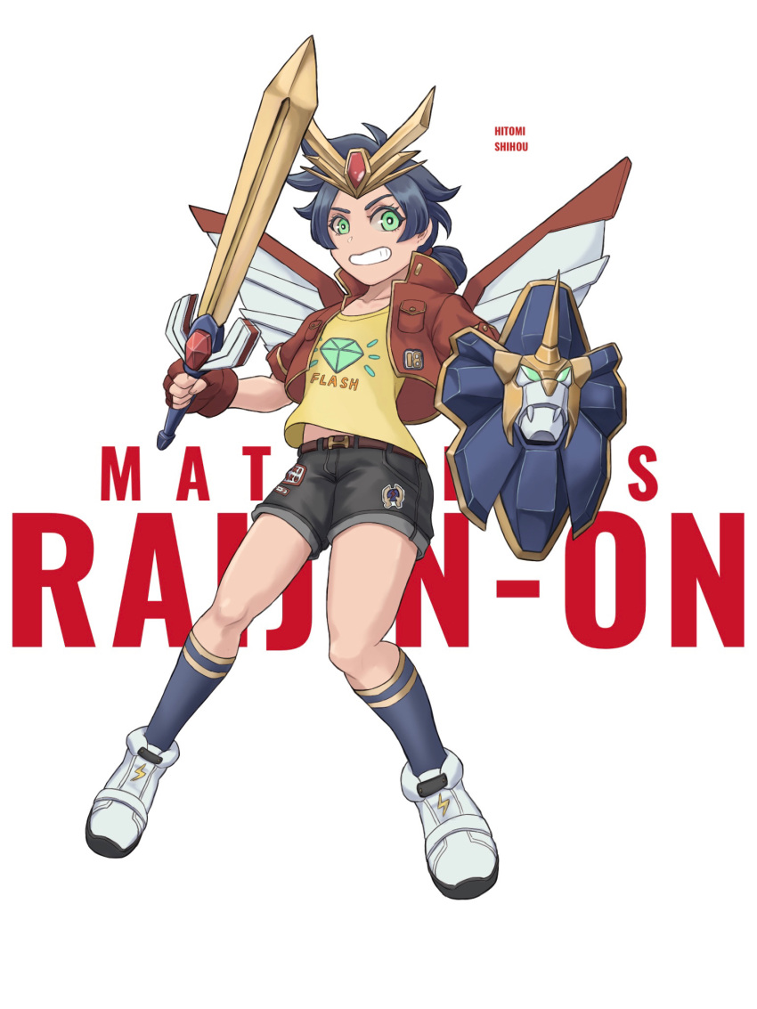 1girl, belt, black_shorts, blue_hair, blue_socks, character_name, child, chinese_commentary